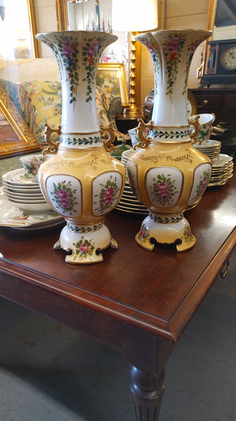 Vintage Dresden Long Neck Hand Painted Floral Porcelain Handled Vase