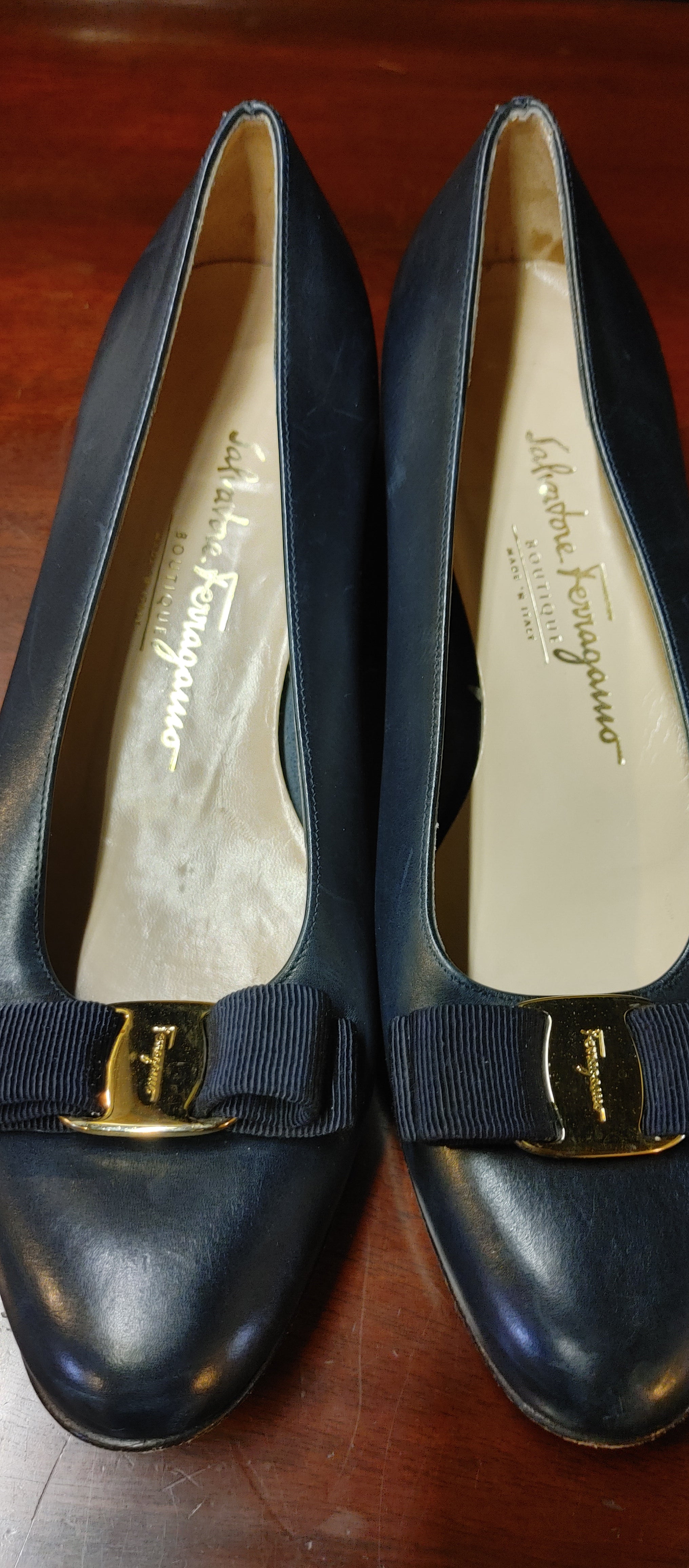 Salvatore Ferragamo Italian Leather Shoes in Navy with Bow ATTIC FANATIC