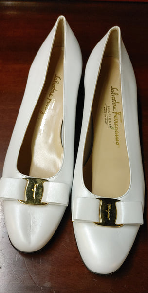 Salvatore Ferragamo Italian Leather Shoes in White with Bow