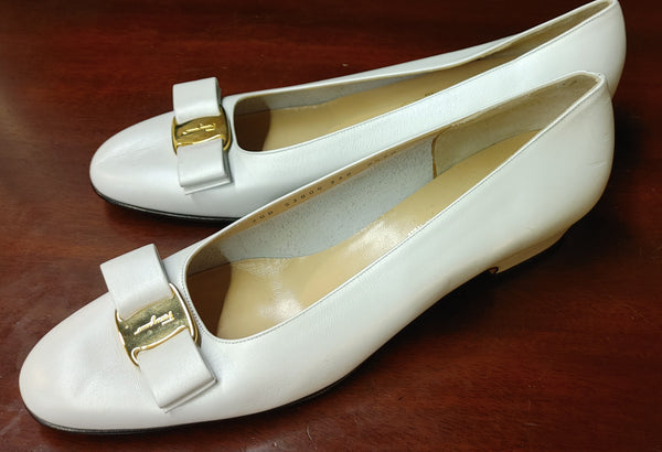 Salvatore Ferragamo Italian Leather Shoes in White with Bow