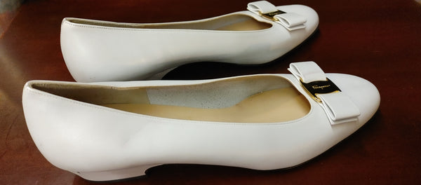 Salvatore Ferragamo Italian Leather Shoes in White with Bow