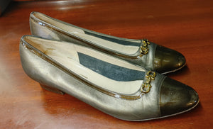 Salvatore Ferragamo Italian Leather Shoes in Bronze with Bow & Toe Cap