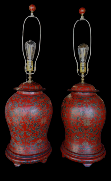 PAIR Chinese Red Lacquer Cinnabar Ginger Jar Table Lamps