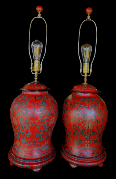 PAIR Chinese Red Lacquer Cinnabar Ginger Jar Table Lamps