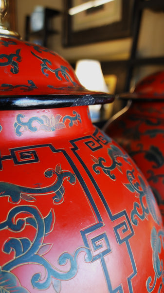 PAIR Chinese Red Lacquer Cinnabar Ginger Jar Table Lamps