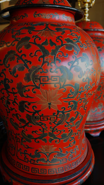 PAIR Chinese Red Lacquer Cinnabar Ginger Jar Table Lamps