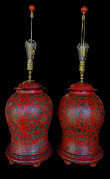 PAIR Chinese Red Lacquer Cinnabar Ginger Jar Table Lamps