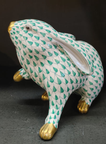Vintage Herend Bunny Rabbit Green Fish Net Paw Up Porcelain Figurine 4.5" X 5.5”
