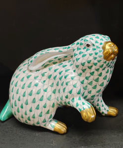 Vintage Herend Bunny Rabbit Green Fish Net Paw Up Porcelain Figurine 4.5" X 5.5”