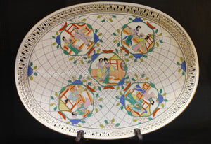 Herend Hungary Pierced Retriculated Oriental Figures Oval Tray Platter