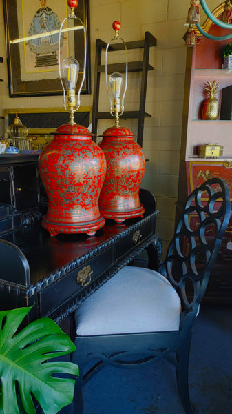 Pair Vintage Chinese Red Lacquer Ginger Jar Table Lamp Custom Made 20th Century