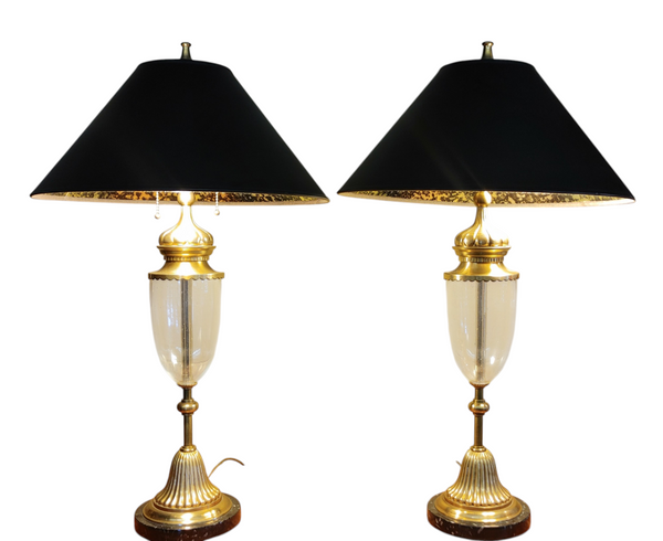 Mid-Century Chapman Brass Glass Hollywood Regency Lamps - A Pair
