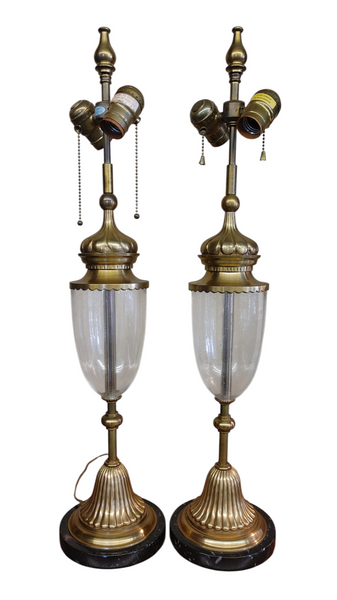 Mid-Century Chapman Brass Glass Hollywood Regency Lamps - A Pair