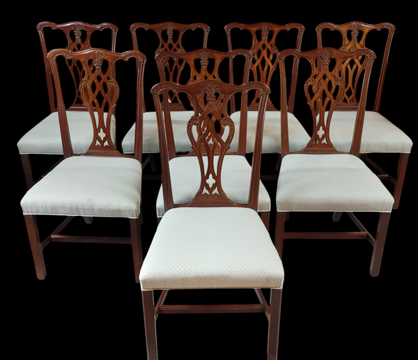 Vintage Ethan Allen Mahogany Carved Chippendale Style Dining Side Chairs - Set of 8