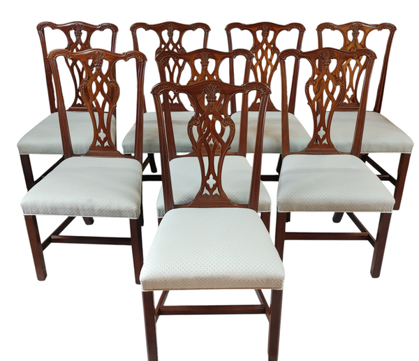 Vintage Ethan Allen Mahogany Carved Chippendale Style Dining Side Chairs - Set of 8