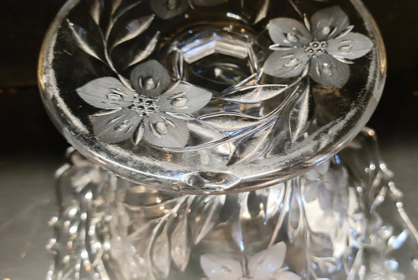 Antique Pedestal Bowl Etched Floral Early American Pressed Glass EAPG