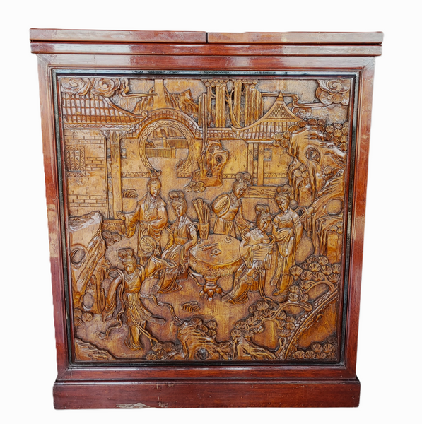 George Zee & Co Style Asian Hand Carved Figural Folding Flip Top Dry Bar