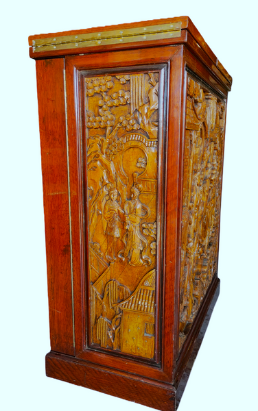 George Zee & Co Style Asian Hand Carved Figural Folding Flip Top Dry Bar