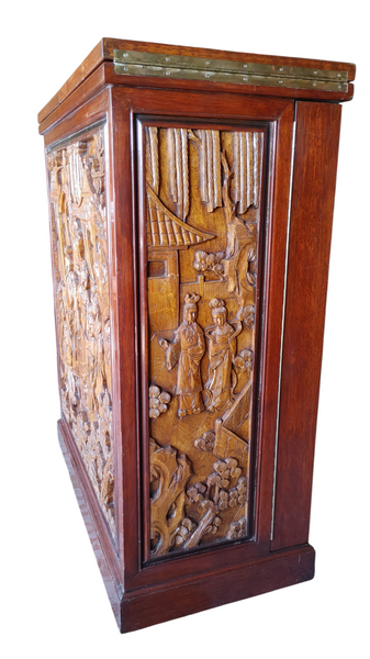 George Zee & Co Style Asian Hand Carved Figural Folding Flip Top Dry Bar