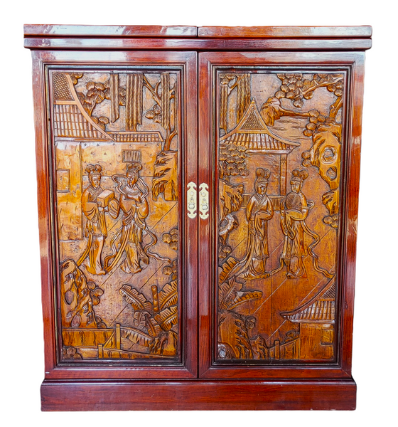 George Zee & Co Style Asian Hand Carved Figural Folding Flip Top Dry Bar