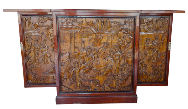 George Zee & Co Style Asian Hand Carved Figural Folding Flip Top Dry Bar