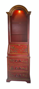Red Asian Chinoiserie Secretary Desk w Bookcase Hutch Heritage Furniture
