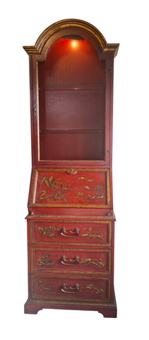 Red Asian Chinoiserie Secretary Desk w Bookcase Hutch Heritage Furniture