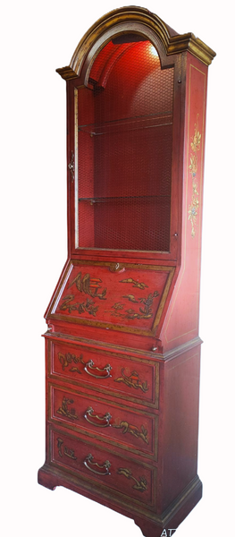 Red Asian Chinoiserie Secretary Desk w Bookcase Hutch Heritage Furniture