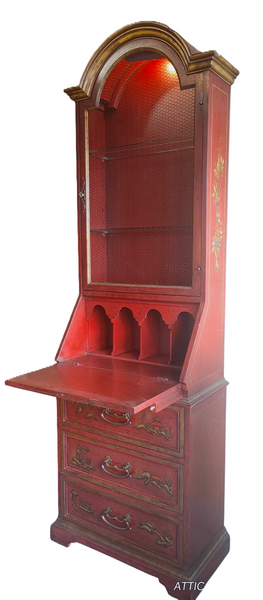 Red Asian Chinoiserie Secretary Desk w Bookcase Hutch Heritage Furniture
