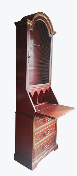 Red Asian Chinoiserie Secretary Desk w Bookcase Hutch Heritage Furniture