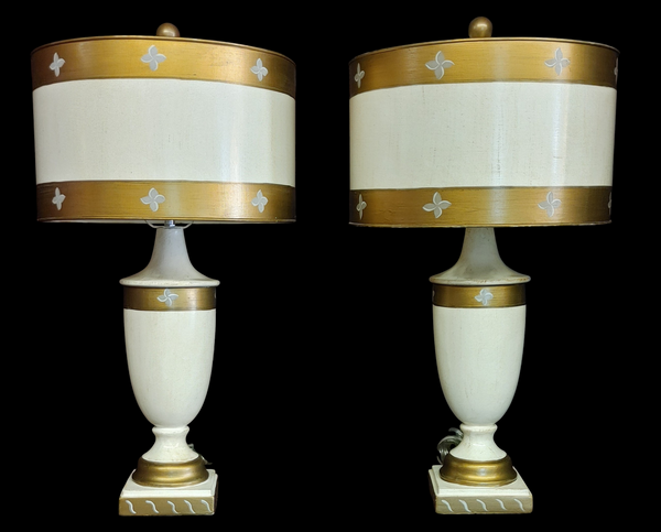 PAIR Modern Regency Urn Style Table Lamps Cream Gold Stripe Metal Lamp Shade 23"
