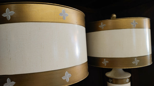 PAIR Modern Regency Urn Style Table Lamps Cream Gold Stripe Metal Lamp Shade 23"