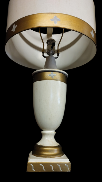 PAIR Modern Regency Urn Style Table Lamps Cream Gold Stripe Metal Lamp Shade 23"