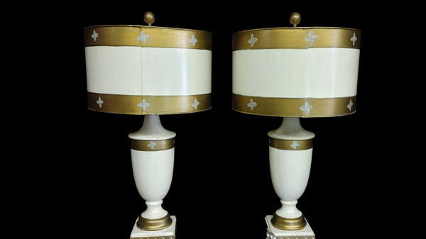 PAIR Modern Regency Urn Style Table Lamps Cream Gold Stripe Metal Lamp Shade 23"