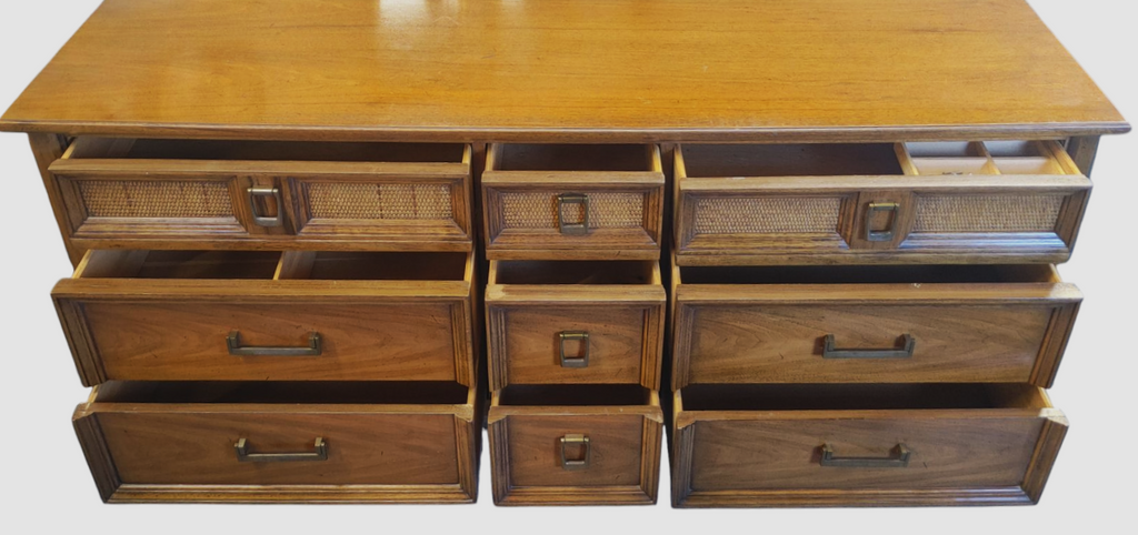 Thomasville MCM 9-Drawer Walnut Wood and Wicker Style Dresser Credenza ATTIC FANATIC Thomasville MCM 9-Drawer Walnut Wood and Wicker Style Dresser Credenza ATTIC FANATIC