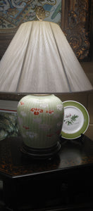 Vintage Asian Green Ceramic Floral Crackle Wood Stand Accent Lamp