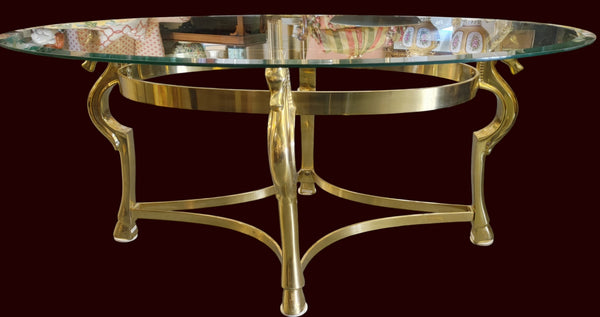 MCM Italian Brass Seahorse Glass Top Coffee Table Hollywood Regency