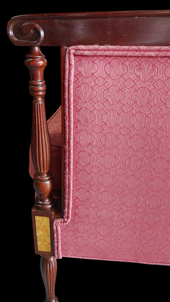 Hickory Chair Mahogany Sheraton Style Settee Loveseat Salmon Pink Damask