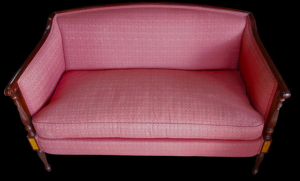 Hickory Chair Mahogany Sheraton Style Settee Loveseat Salmon Pink Damask