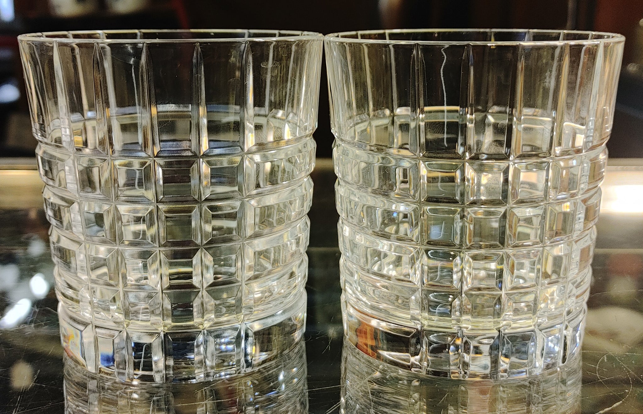 Tiffany & Co. Plaid Pattern Double Old Fashioned Whiskey Crystal Glasses Set of Two