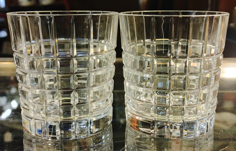 Tiffany & Co. Plaid Pattern Double Old Fashioned Whiskey Crystal Glasses Set of Two