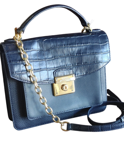 Ralph Lauren Navy Blue Croc Leather Satchel Cross Body Handbag