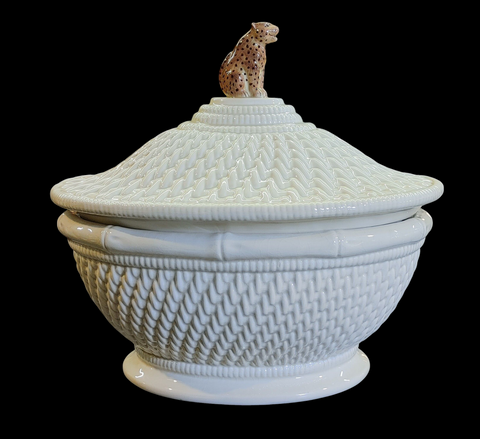 Vintage Raymond Waites Basketweave Soup Tureen Cheetah Finial