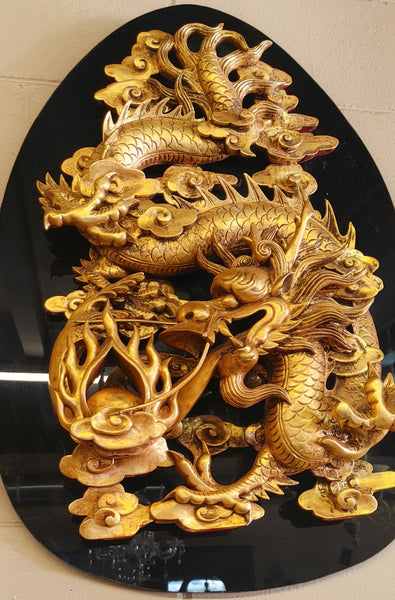 Oversize Dragons Feng Shui Chinese Sculpted Gold Wood Wall Mounted