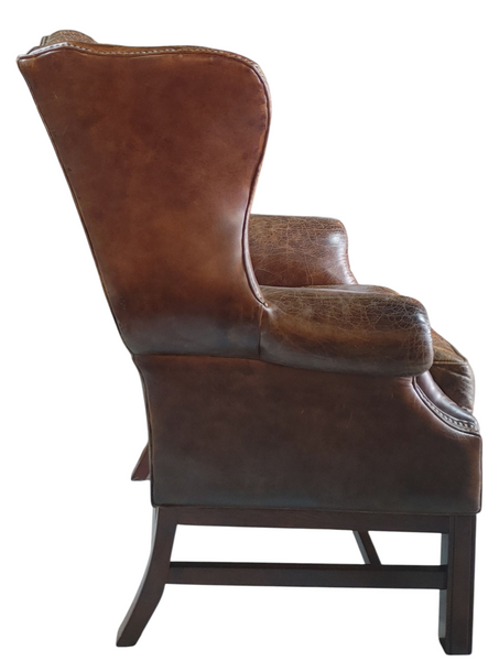 Classic Chesterfield Distressed Leather Wing Back Chairs - A Pair
