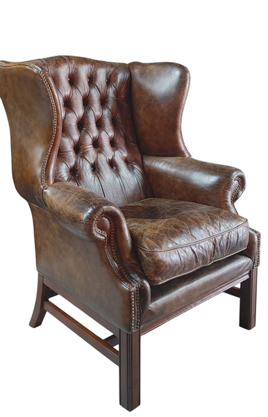 Classic Chesterfield Distressed Leather Wing Back Chairs - A Pair