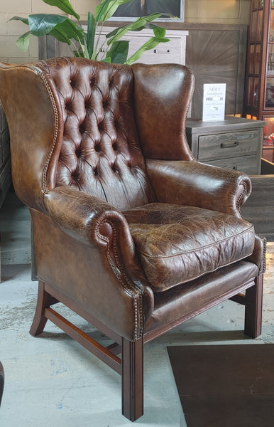 Classic Chesterfield Distressed Leather Wing Back Chairs - A Pair