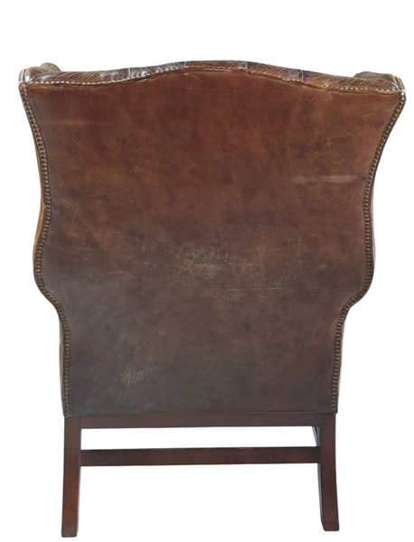 Classic Chesterfield Distressed Leather Wing Back Chairs - A Pair