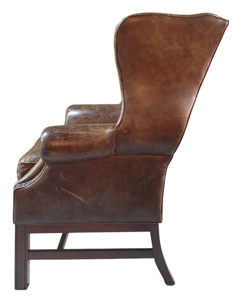 Classic Chesterfield Distressed Leather Wing Back Chairs - A Pair