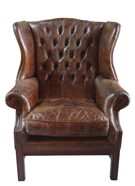 Classic Chesterfield Distressed Leather Wing Back Chairs - A Pair